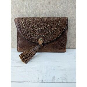 PATRICIA NASH Colli Brown Leather Trifold Embellished Tassel Wallet Clutch